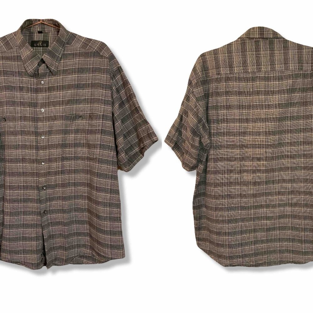 Gillio Collar Button Up Double Pockets Striped Short Sleeve Men L Grey